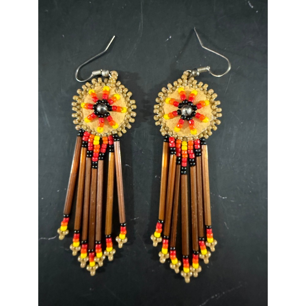 Native American Beaded Seed Bead Medallion 3in Chandelier Earrings Brown Yellow